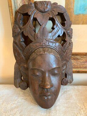 Vintage Hand Carved Wood Face Mask Tribal/Asian Woman Decorative Wall Art